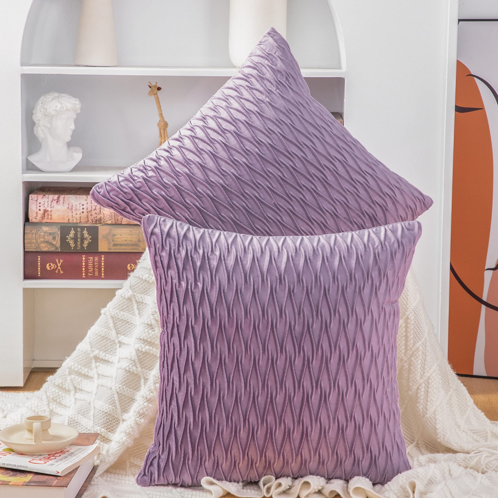 Madizz Pack of 2 Super Soft Velvet Decorative Cushion Covers with Texture Luxury Style Throw Pillow Cases European Pillow Shell for Sofa Bedroom Square Violet 24x24 inch