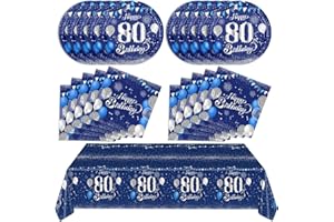 Blue 80th Birthday Decorations for Men Navy Blue Silver Happy 80th Birthday Tableware Set Include Happy 80th Birthday Plates 