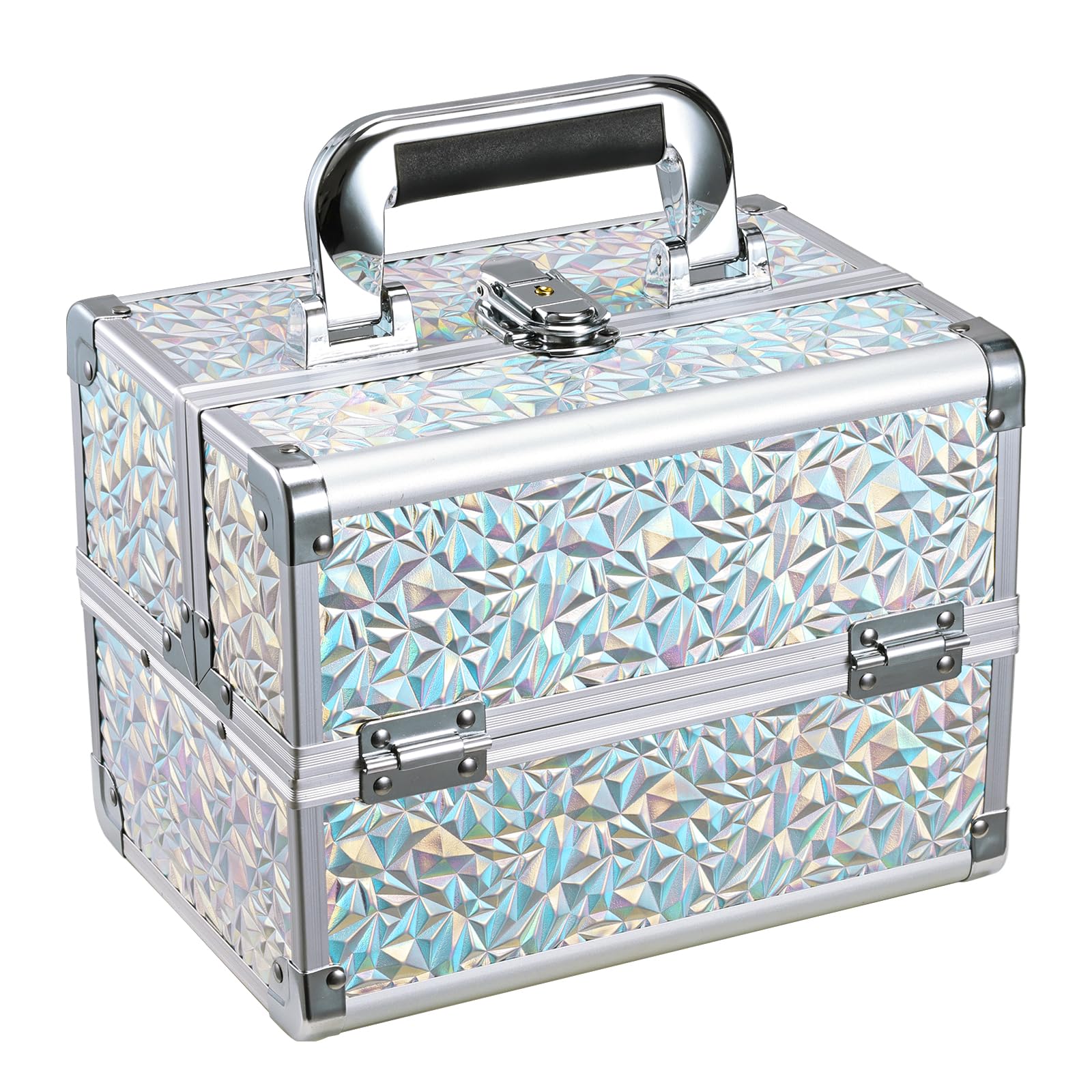 Photo 1 of Joligrace Makeup Train Case Makeup Case Organizer Portable Cosmetic Box Storage with 2 Trays Mirror Locking with Keys Make Up Travel Case Nail Kits Traveling Makeup Box Shiny Silver