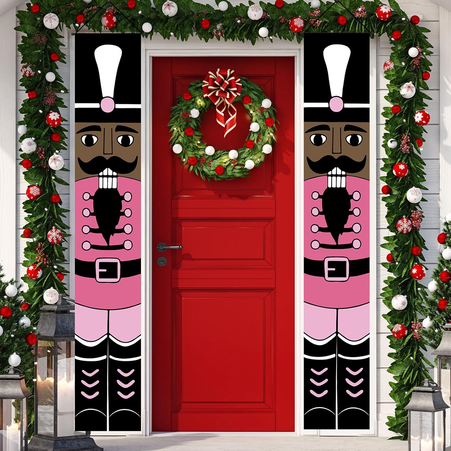 Nutcrackers - Pink Nutcracker Christmas Decorations African American Nutcracker Porch Banner Outdoor Christmas Nutcracker Decorations and Supplies for Home Party