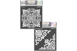 CrafTreat Ornate Stencils for Painting on Wood, Canvas, Paper, Fabric, Floor, Wall and Tile - Ornate Background and Ornate Corners - 2 Pcs - 6x6 Inches Each - Reusable DIY Art and Craft Stencils