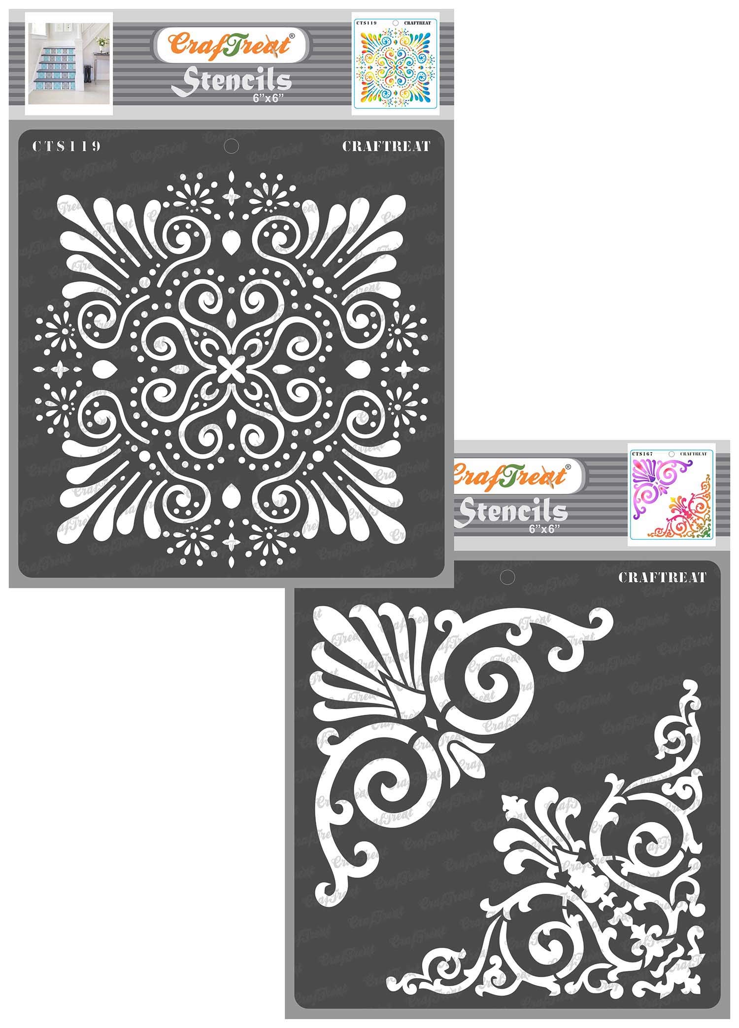CrafTreat Reusable Ornate Stencils for Painting on Wood, Canvas, Paper, Fabric, Floor, Wall and Tile - Ornate Background and Ornate Corners - 2 Pcs - 6x6 Inch Each - DIY Art and Craft Stencils