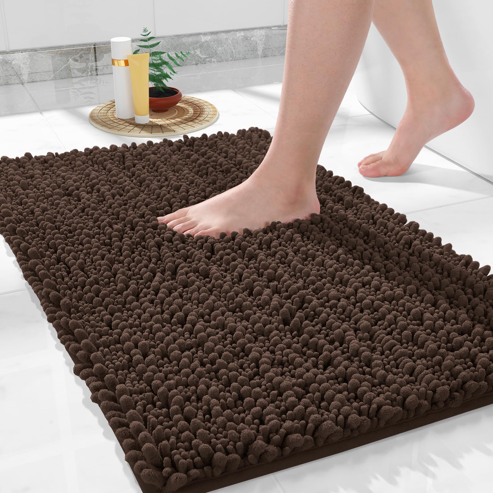 Photo 1 of Yimobra Bathroom Rugs Non Slip Washable 32x20 Inch - Ultra Soft Absorbent Chenille Bath Mat, Quick Dry Shaggy Floor Carpet for Tub Shower, Brown Home Decor Accessories
