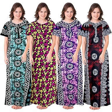 Mudrika Womens Cotton Printed Nighty (Multicolor, Free Size) Combo Pack of 4 Peice