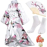 Women's Kimono Robe Geisha Yukata Sweet Tuxedo Ruffle Dress Blossom Satin Bathrobe Sleepwear Fans Tabi Socks Set