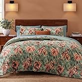 CASAAGUSTO Queen Comforter Set, 7 PCS Sage & Red Floral Comforter Set with Flowers Leaves Pattern, Soft Velvet Design for Winter Queen Size Bedding Set(90"X90")