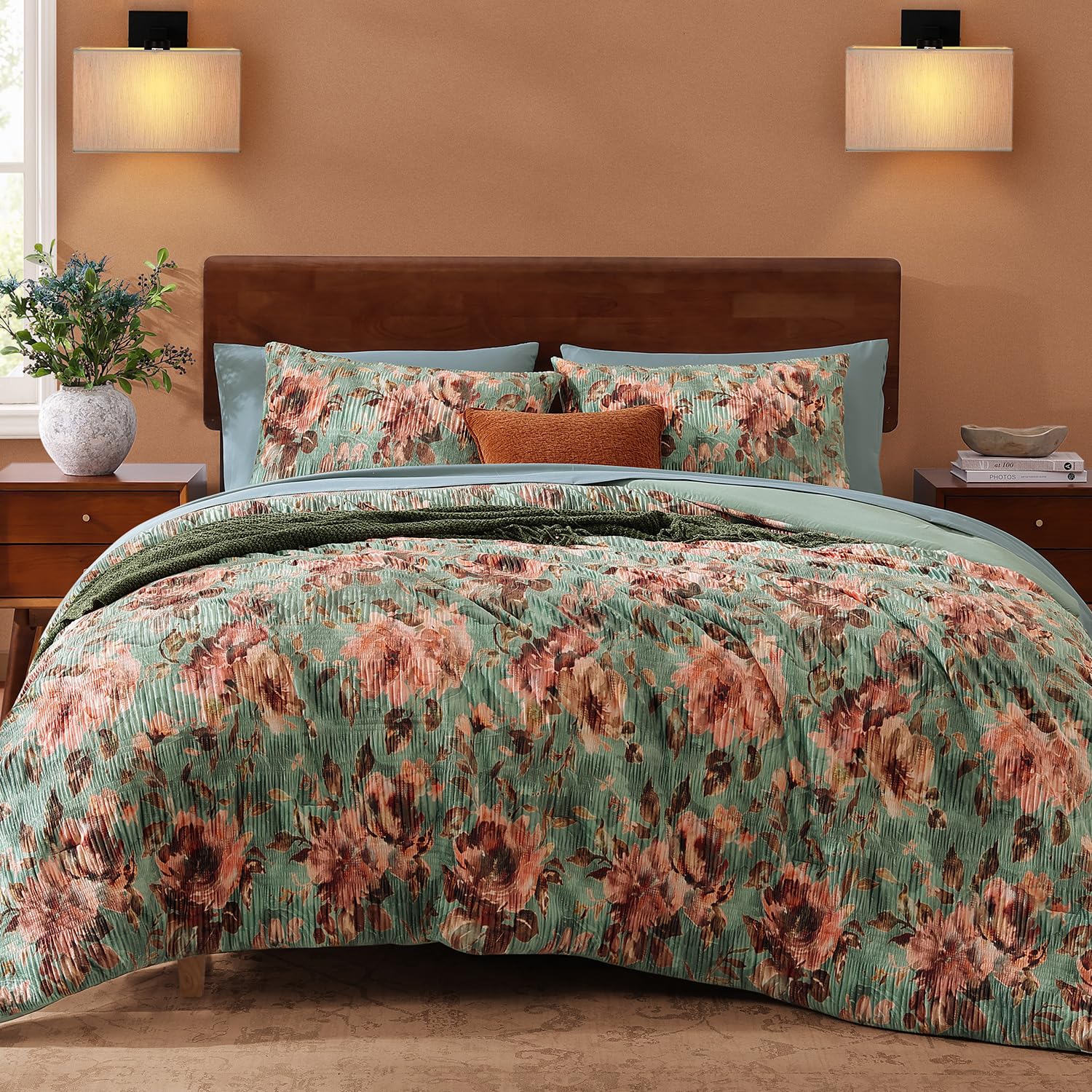 CASAAGUSTO King Comforter Set, 7 PCS Sage & Red Floral Comforter Set with Flowers Leaves Pattern, Soft Velvet Design for Winter King Size Bedding Set(102"X90") Image