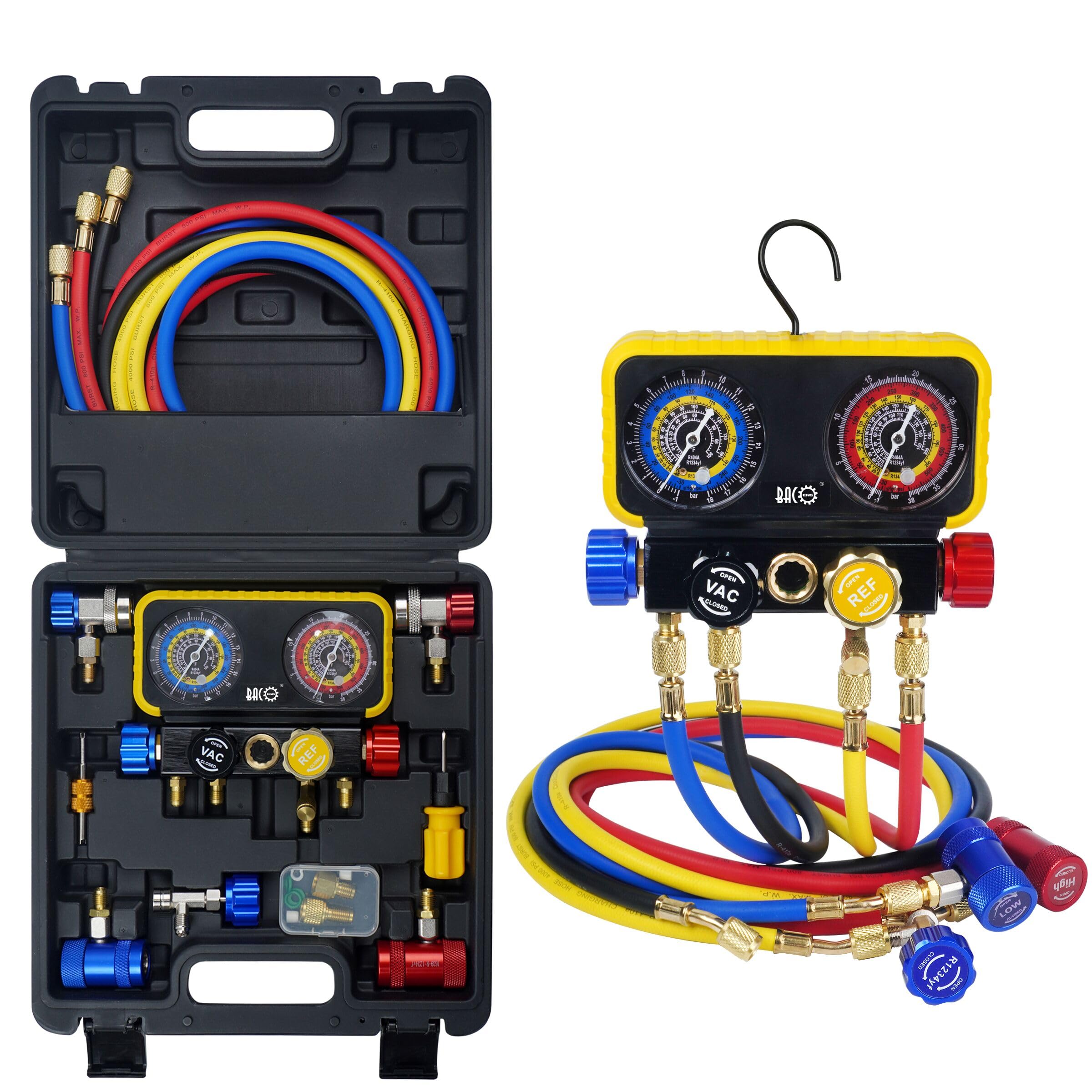 Photo 1 of (missing most accesories) BACOENG AC R1234YF Gauge Set, Automotive 4 Way R1234yf Refrigerant Recharge Kit, R134A AC Manifold Gauge Set with 5FT Hoses for Car Charging and Evacuation