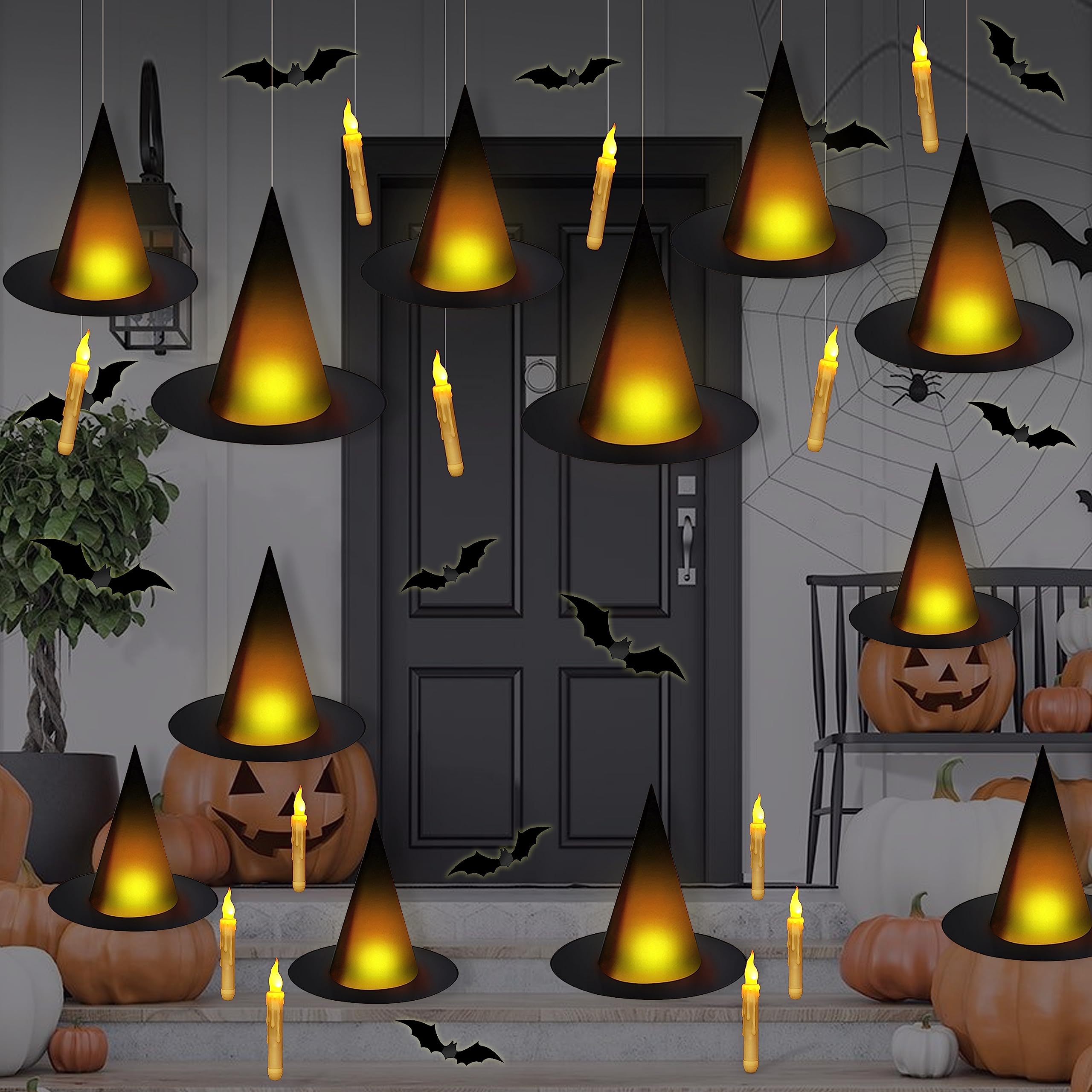 Photo 1 of Black Halloween Witch Hat with Light Floating Light Up Witch Hats with Flameless Taper Candles (with Common Remote) 3D Bats Wall Stickers Decorations Witch Costume Accessory for Halloween Party