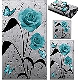 Preboun 3 Pack Teal Gray Towels Set for Bathroom Turquoise Towels for Bathroom Spring Floral Bath Towels Butterfly Hand Towel Absorbent Fingertip Towel for Kitchen Hotel Home Beach Gym Spa