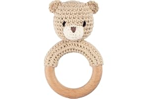 Joliecraft Safari Animals Wooden Baby Rattle Toys Stuffed Crochet Rattle with Teether Ring for Newborn, Beige Bear