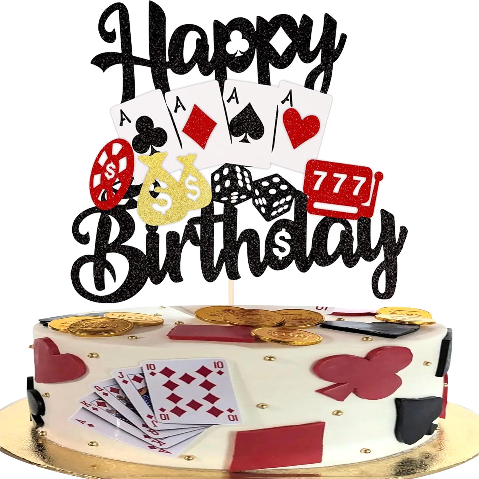 SYKYCTCY 1 Pack Casino Cake Topper with Glitter Poker Game Chips Player Happy Birthday Cake Pick Las Vegas Casino Night Theme Birthday Party Cake Decorations Supplies …