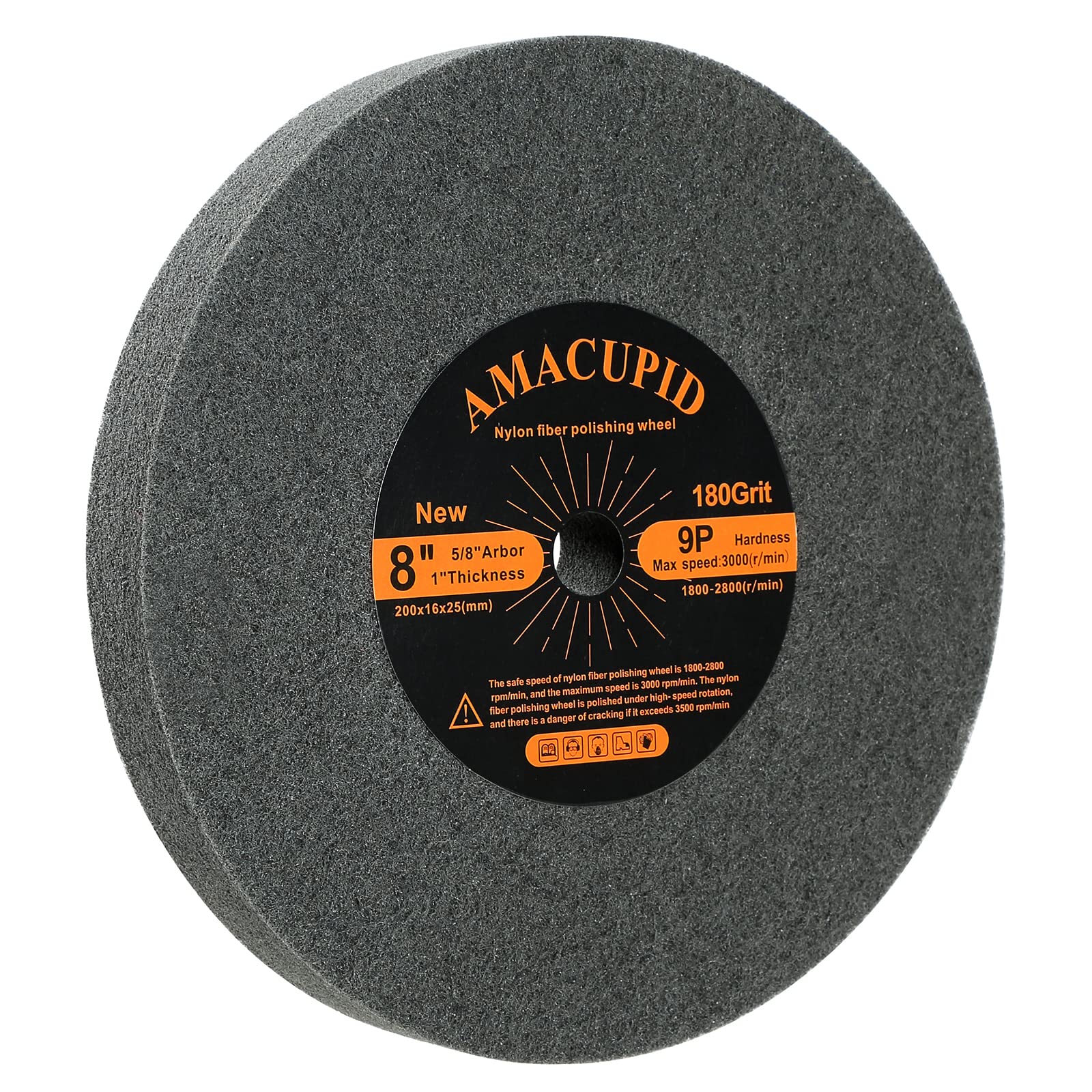 AmaCupid Deburring wheel, 200mm nylon fiber polishing wheel, 9P hardness. Suitable for benchtop abrasive polishing machines. Polishes stainless steel, etc. 16mm spindle.