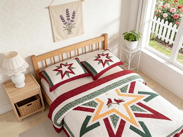 VOHANIDE HANDMADE KING SIZE PATCHWORK QUILT SET WITH EMBROIDERED CARDINAL & STARS – RUSTIC FARMHOUSE COTTON BEDDING – CRIMSON, FOREST GREEN & GOLD – ALL SEASON DECORATIVE QUILT