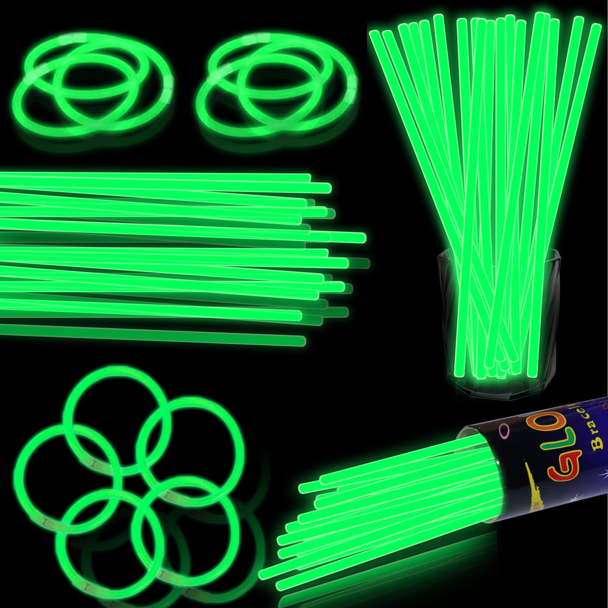 Photo 1 of 100 pk 8" Glow Sticks Bulk Party Favors, Light up Glow Necklaces & Bracelets in the Dark Party Supplies For Christmas Halloween St. Patrick Birthday Neon Party (100 * Green)