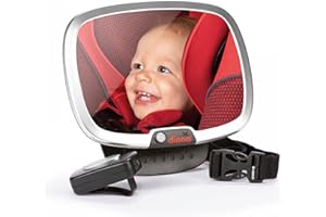 Diono Easy View Plus Baby Car Mirror with Light, Safety Car Seat Mirror for Rear Facing Infant with 360 Rotation, LED Night Light, Wide Crystal Clear View, Shatterproof, Crash Tested