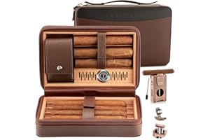 LIHTUN Cigar Humidor, Leather Cedar Wood Travel Cigar Case and Multifunctional in 1 Cigar Lighter Set Portable Travel Humidor Box Cigar Gift for Men (Brown)