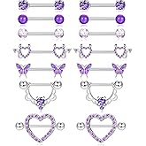 Fansilver 7 Pairs 14G Nipple Rings Surgical Steel Nipple Piercing CZ Heart Butterfly Barbell Tongue Rings Set Cute Nipple Tongue Piercing Jewelry for Women