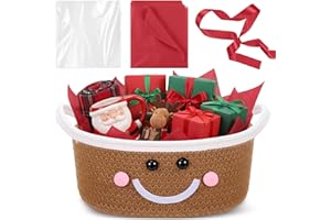 Zopeal Christmas Woven Basket with Gift Bag, Ribbon and Red Tissue Paper Gingerbread Man Emoticon Woven Bin Empty Shelf Basket Holiday Decorative for Xmas Gifts, 12 x 8 x 5 inch