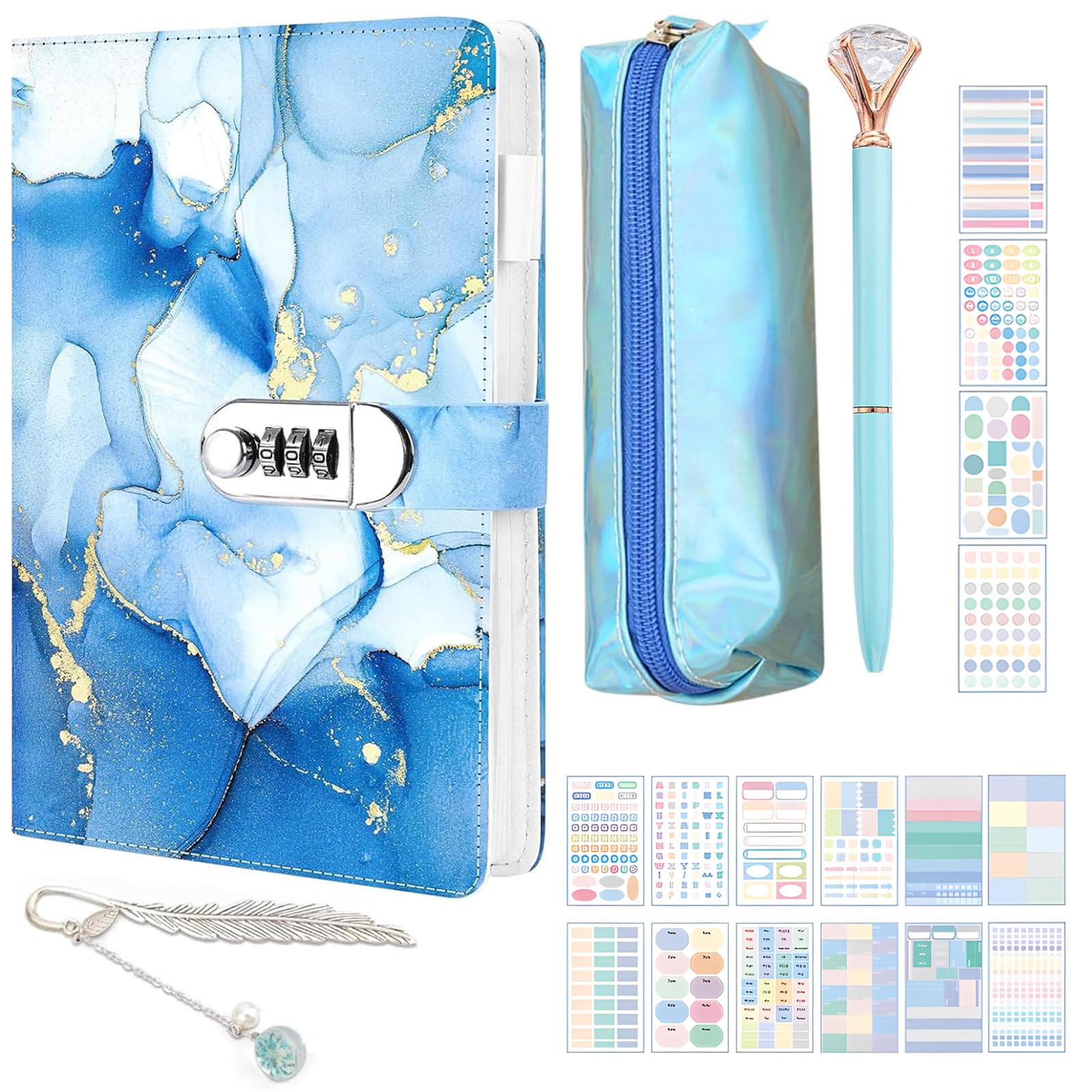 Secret Diary for Girls - A5 PU Leather Journal Notebook with Lock Stickers Pencil Case, Gifts for Girls 7 8 9 10 11 12 13 14 Years Old, Password Locked Journals Blue Back to School Stationery Set