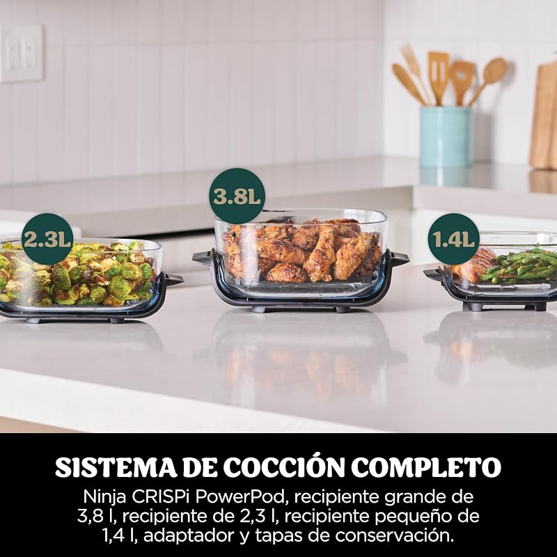 CRISPi Freidora de aire portátil 4 en 1, 3,8L/ 2,3L/ 1,4L : Freír con aire, Asar, Mantener la temperatura, Dorar. Compacta, 6 raciones, 3 recipientes de cristal y tapas, 1700 W Verde FN103EUGN — foto 4 de 8