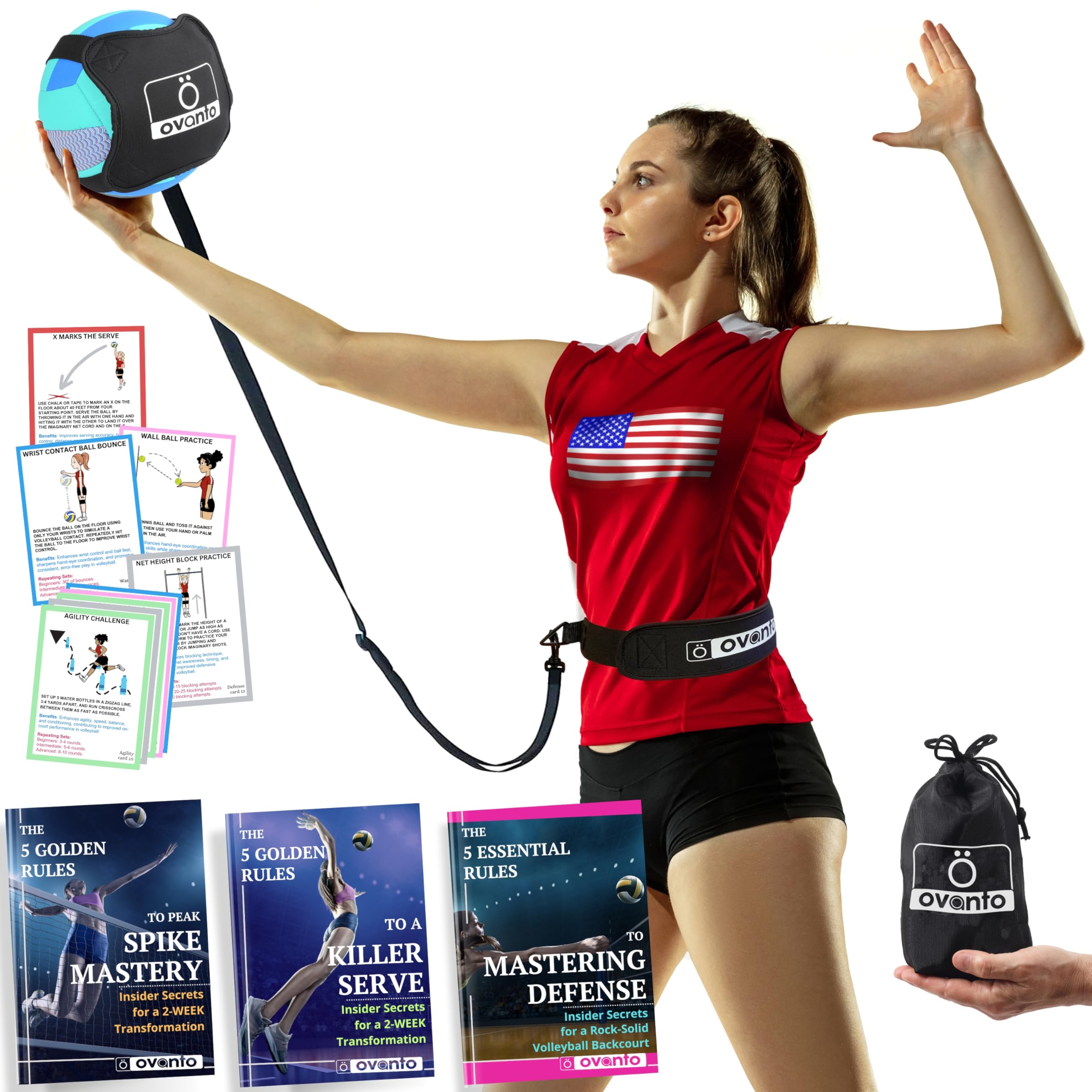 OVANTO Volleyball Training Equipment Aid – Solo Volleyball Equipment in 4 Styles to Serve, Spike, Set and Pass Like a Pro - Adjustable Volleyball Practice Equipment Gift for Beginners & Experts