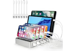 ELAORY Charging Station for Multiple Devices, 6 Ports Multi Devices USB Charger Fast Cell Phone Charging Station for iPhone iPad Tablet (Silver, 6 Mixed Cables Included)