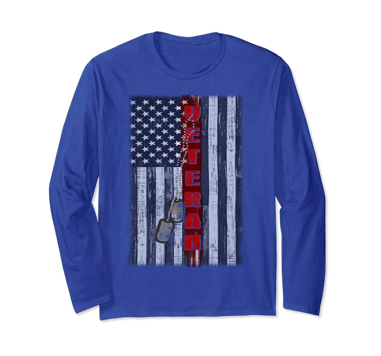 American Flag T-Shirt Red Line Veteran w Dog Tag Long Sleeve-anz