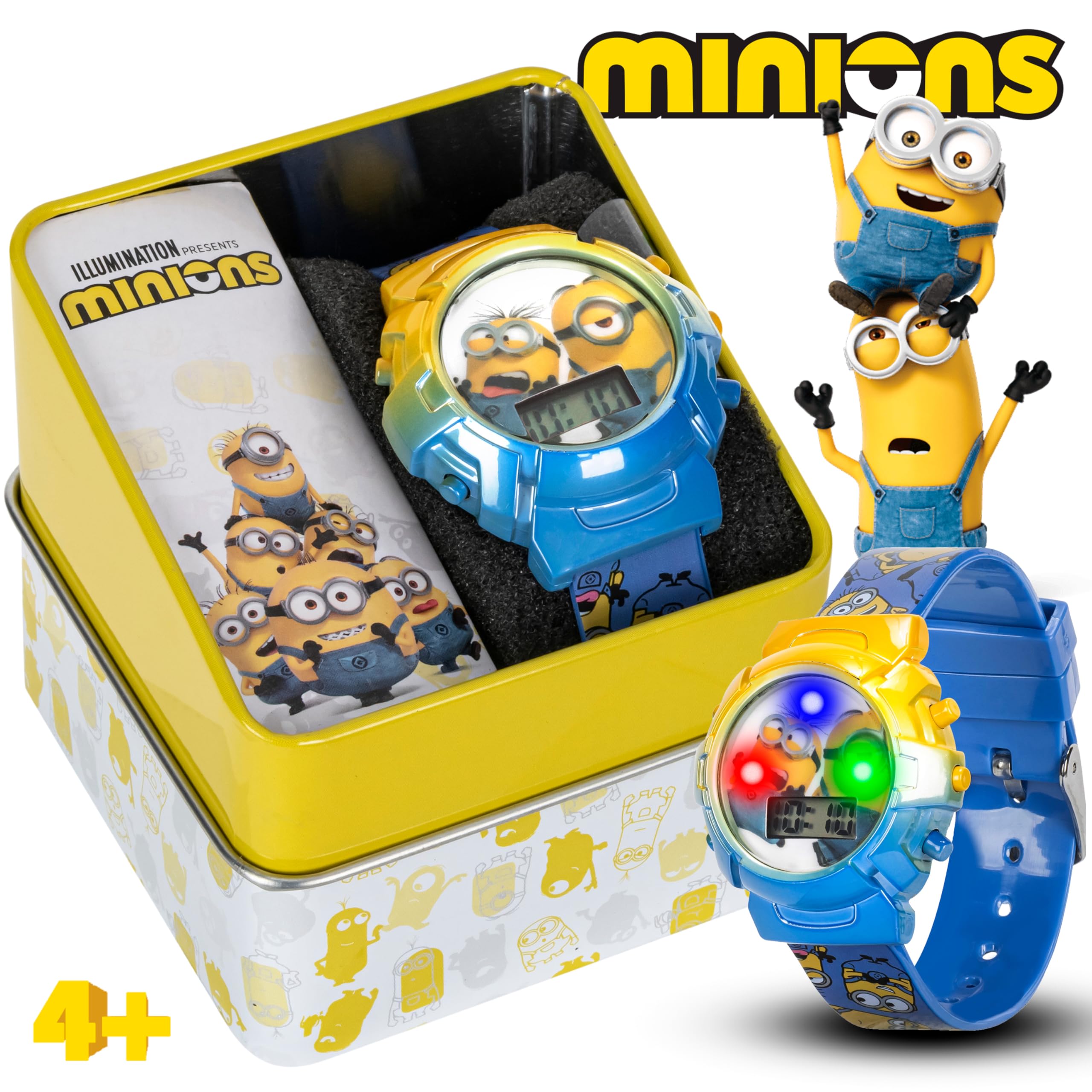 Minions Kids Watch – Flashing Dial Lights, LCD Display, Adjustable Comfortable Strap, Collectible Tin – Perfect for Boys and Girls