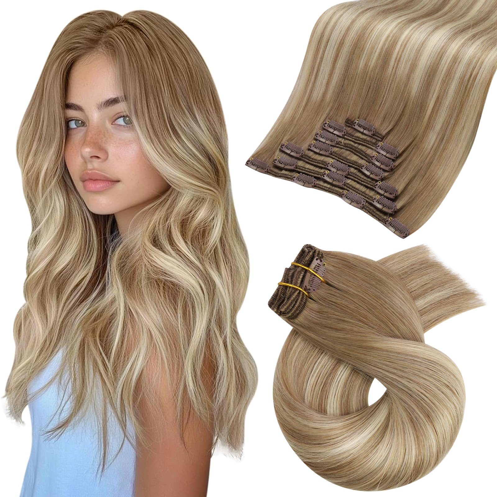 Moresoo Clip in Hair Extensions Real Human Hair Balayage Light Brown and Medium Blonde Double Wefted Clip in Hair Extensions Remy Human Hair 22 Inch 7 Pcs/120g #8/22/8 — image 1