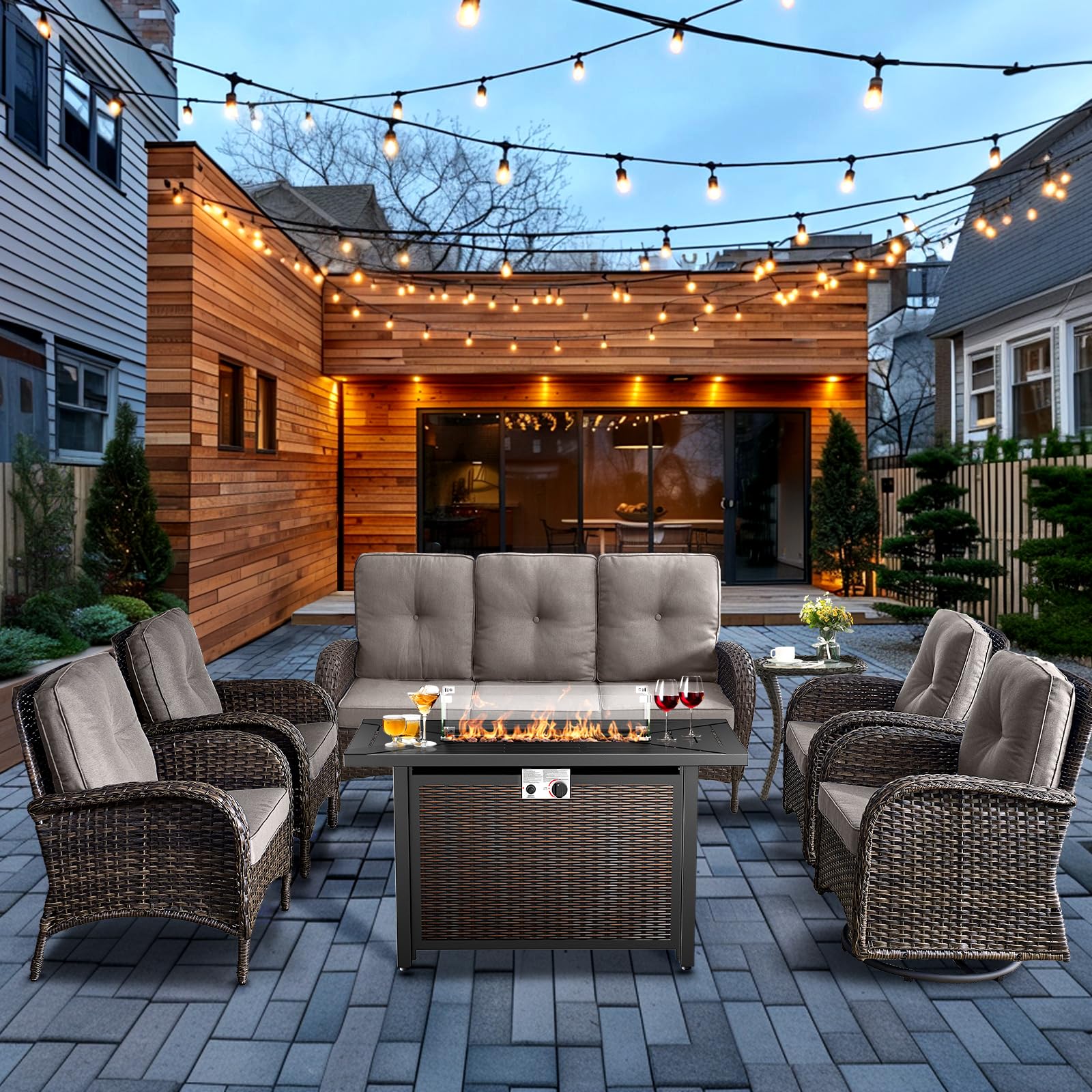 HUMMUH 7 Piece Patio Furniture Set with Fire Pit
