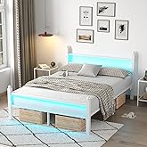 CollaredEagle Full Bed Frame with Headboard and Footboard, Metal Bed Frame with Charging Station and LED Lights, Under Bed Storage, No Box Spring Needed,Noise Free, White