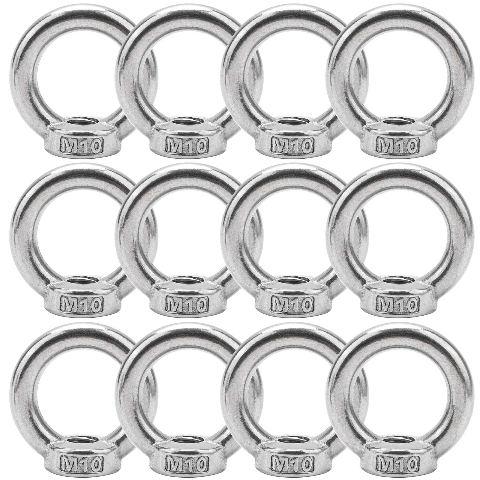 BREANIFULL Pack of 12 Stainless Steel M10 Ring Nut Eye Bolts Eye Nuts Stainless Steel Hanger Bolts M10 Stainless Steel Hardware Ring Eyelets for Rope Assembly, Lifting Accessories, Surface Polishing,