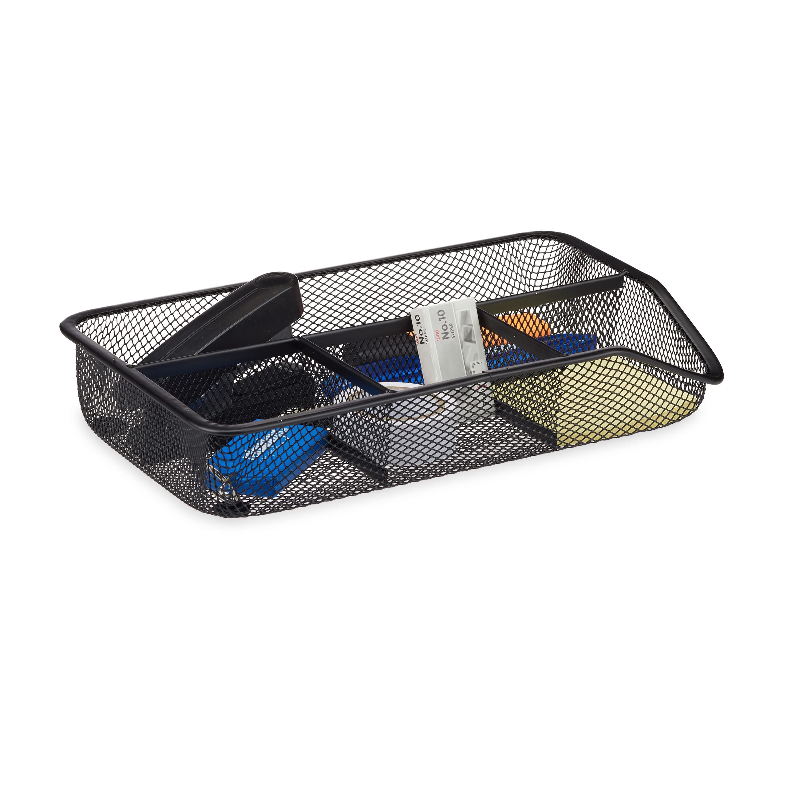 Relaxdays Desk Organiser, 4 Compartments, Small Office Drawer Insert, Metal Mesh, Flat Stationery Tray, Black