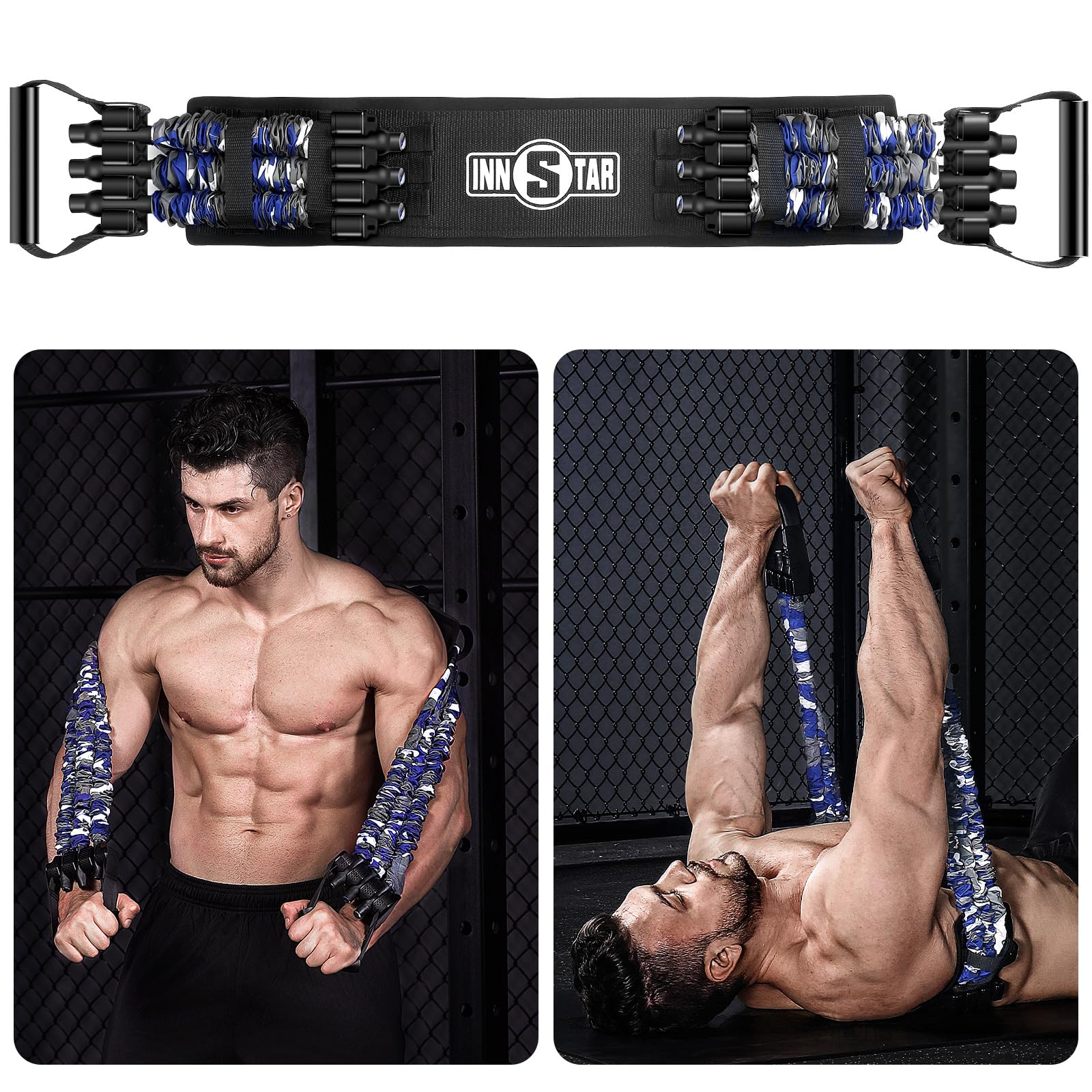 INNSTAR Adjustable Bench Press Device,Push up Resistance Bands, Chest Builder Workout Equipment for Home Gym Exercise,Fitness Workout,Travel Training (Blue-105lb)