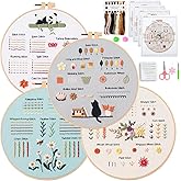 JOINRUN 4 Pack Beginner Embroidery Kit for Adults, Learn Stitches with Pre-Stamped Patterns, Step-by-Step Guide & Video, 7.8" Hoop, Threads & Needles, DIY Needlework Craft Gift for Women