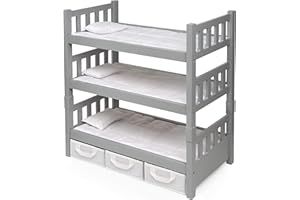 Badger Basket Convertible 3 in 1 Doll Bunk Bed - Stackable Triple Bed with with Bedding, Storage & Personalization Kit - Doll Furniture for Girls - Fits 14 to 20 Inch Dolls - Executive Gray