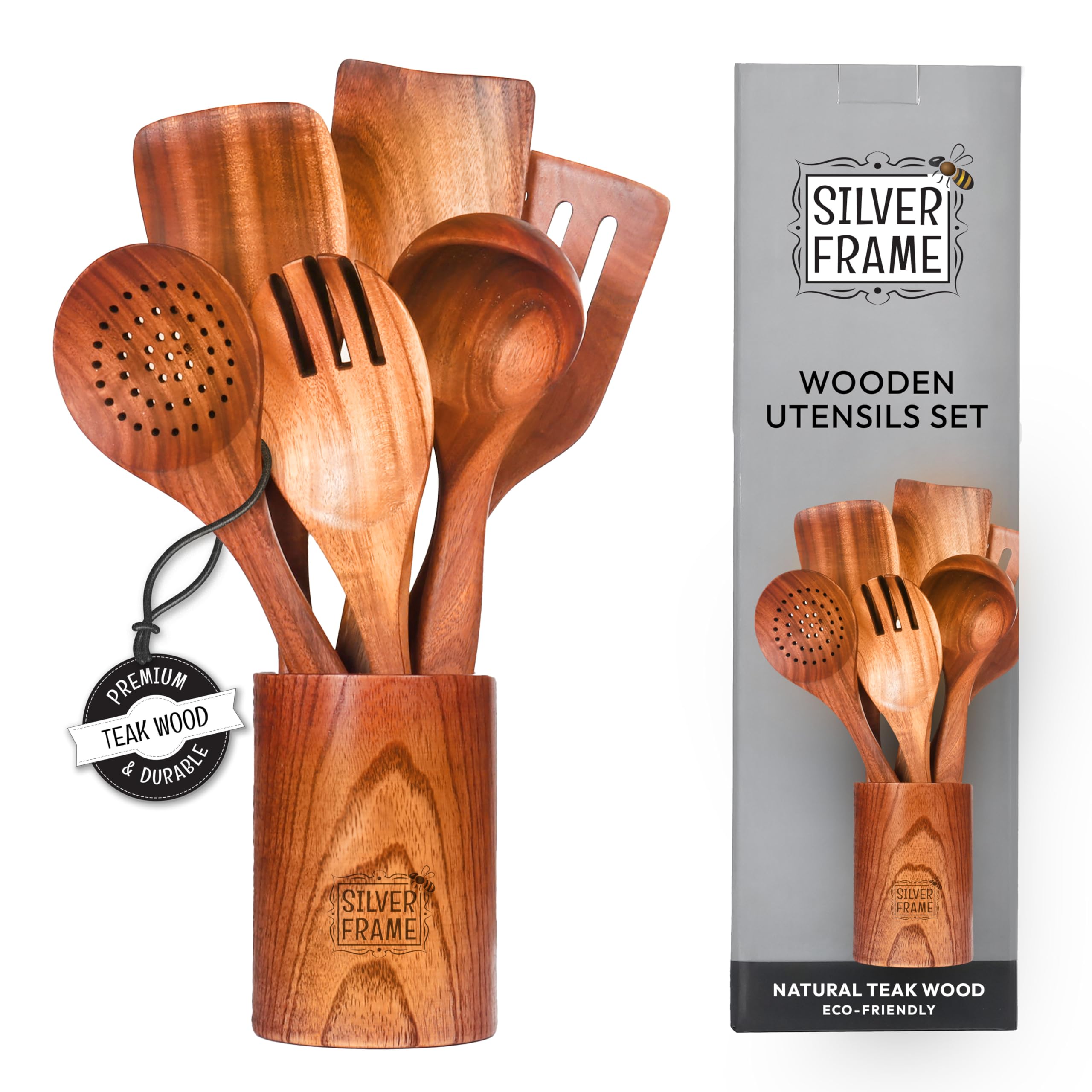 Silver Frame Teak Wooden Kitchen Utensils Set with Holder - 7- Piece Natural Wood Cooking Spoons & Spatulas, Non-Stick Safe, Heat-Resistant, Durable Kitchen Tools