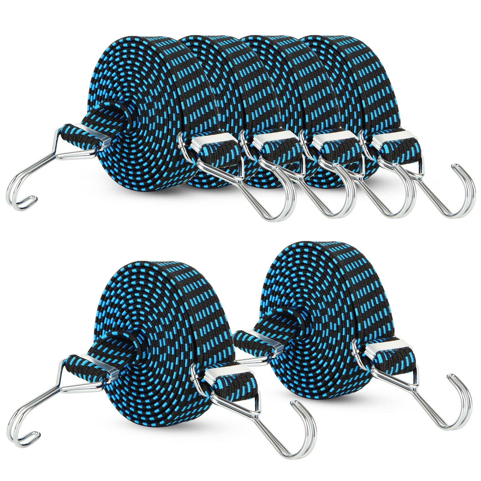 SENENQU 6 Pack 3m Bungee Cords with Hooks, Elastic Bungee Straps with Metal Buckle, Blue Adjustable Luggage Bungee Ropes for Bike Roof Rack Cargo Car Camping Moving – 3cm Width