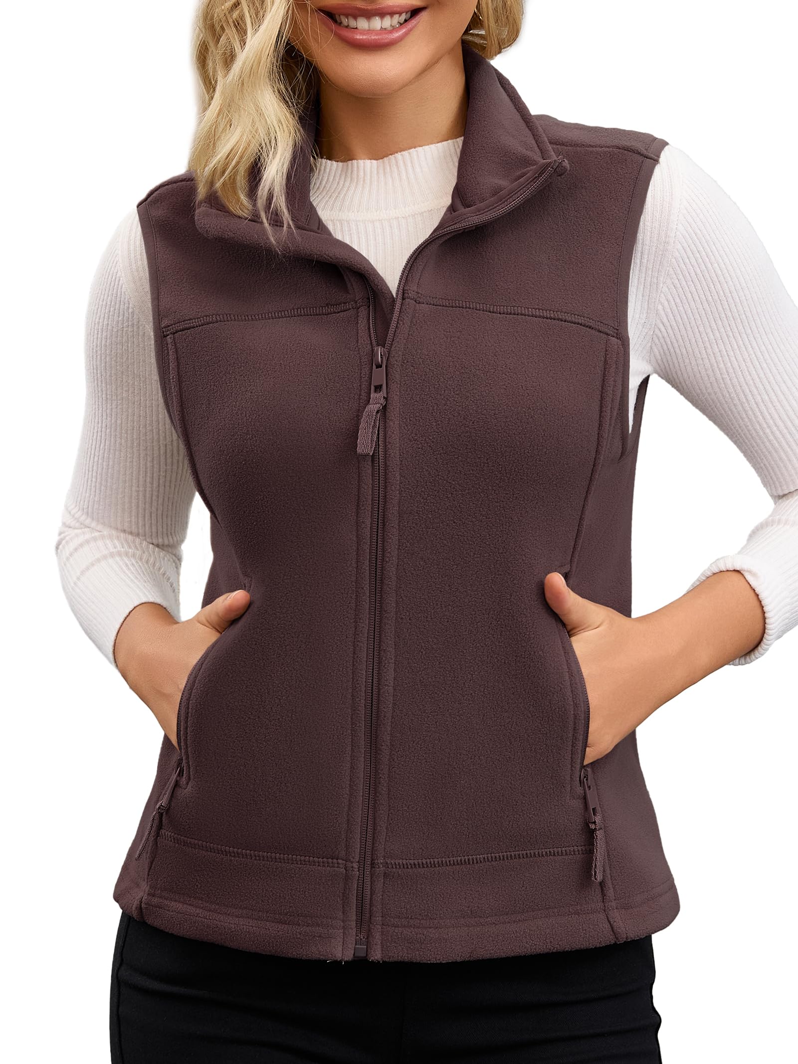 Photo 1 of Haianguoji Women's Full-Zip Soft Polar Fleece Vest with Side Pockets Fashion Stand Collar for Spring and Fall(Coffee, XL)