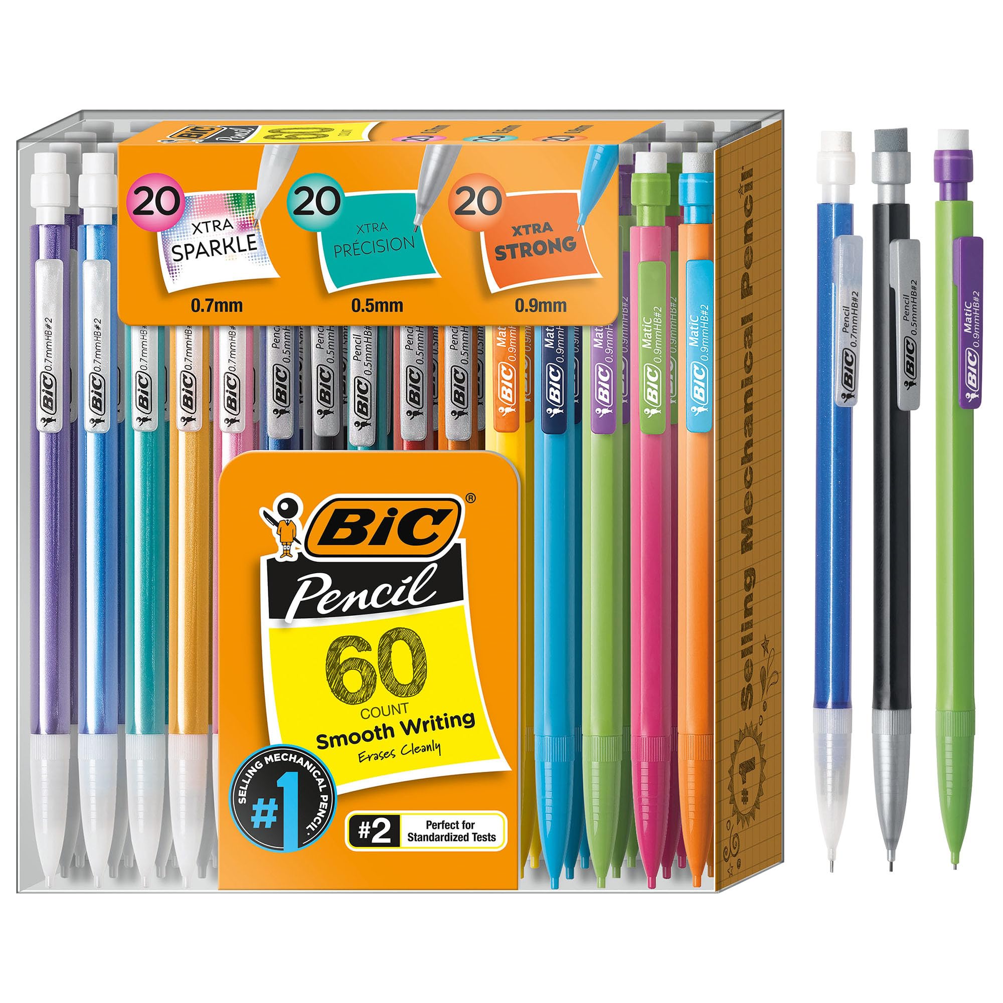 Paquete variado de portaminas BIC, portaminas número 2 con borradores, punta fina (0,5 mm), punta media (0,7 mm) y punta gruesa (0,9 mm), 60 unidades, portaminas a granel para la escuela o el trabajo