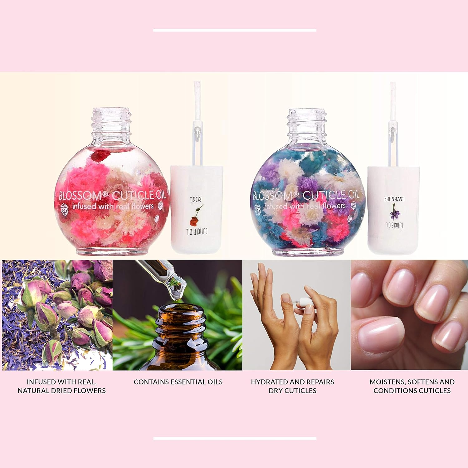 Blossom Scented Cuticle Oil Infused with Real Flowers Twin Pack — Nourishing Essential Oils for Softening, Hydrating and Repairing Nail Cuticles (Lavender & Rose — 2 x 0.42 Fl. Oz.): Beauty