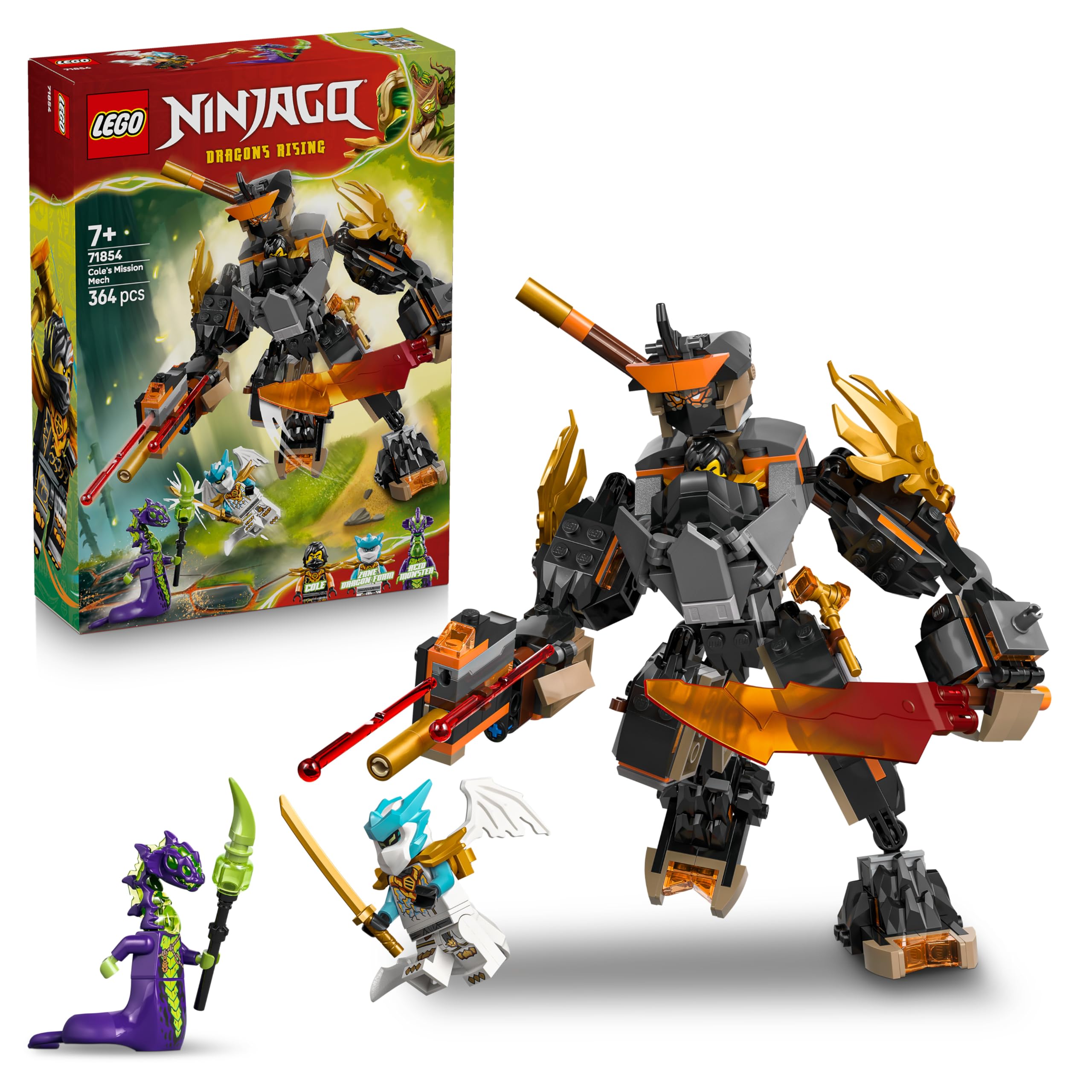 LEGO NINJAGO Coles Action-Mech und Drachen-Zane - Ninja Spielzeug für Jungen und Mädchen - Modellbau mit Actionfigur, 3 Minifiguren und Schwertern - Geschenk für Kinder ab 7 Jahren - 71854