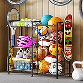 Sports Equipment Organizer, Ball Storage Rack with Elastic Straps and Removable Basket for Garage Organization, Garage Organizer with Hooks for Toy Sports Gear Storage, Sports Ball Storage Cart, Black