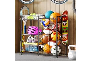 YUYETUYO Sports Equipment Organizer, Ball Storage Rack with Elastic Straps and Removable Basket for Garage Organization, Garage Organizer with Hooks for Toy Sports Gear Storage, Sports Ball Storage Cart, Black