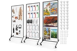 SEPTBOT 3-Pack Gridwall Panel Display Stand, 2' x 5.3' Ft Wire Grid Panels Floorstanding for Easy Transport, Home Organization, Retail, Trade Show, Arts Craft Fair with 4 Wheels and 48 Hooks