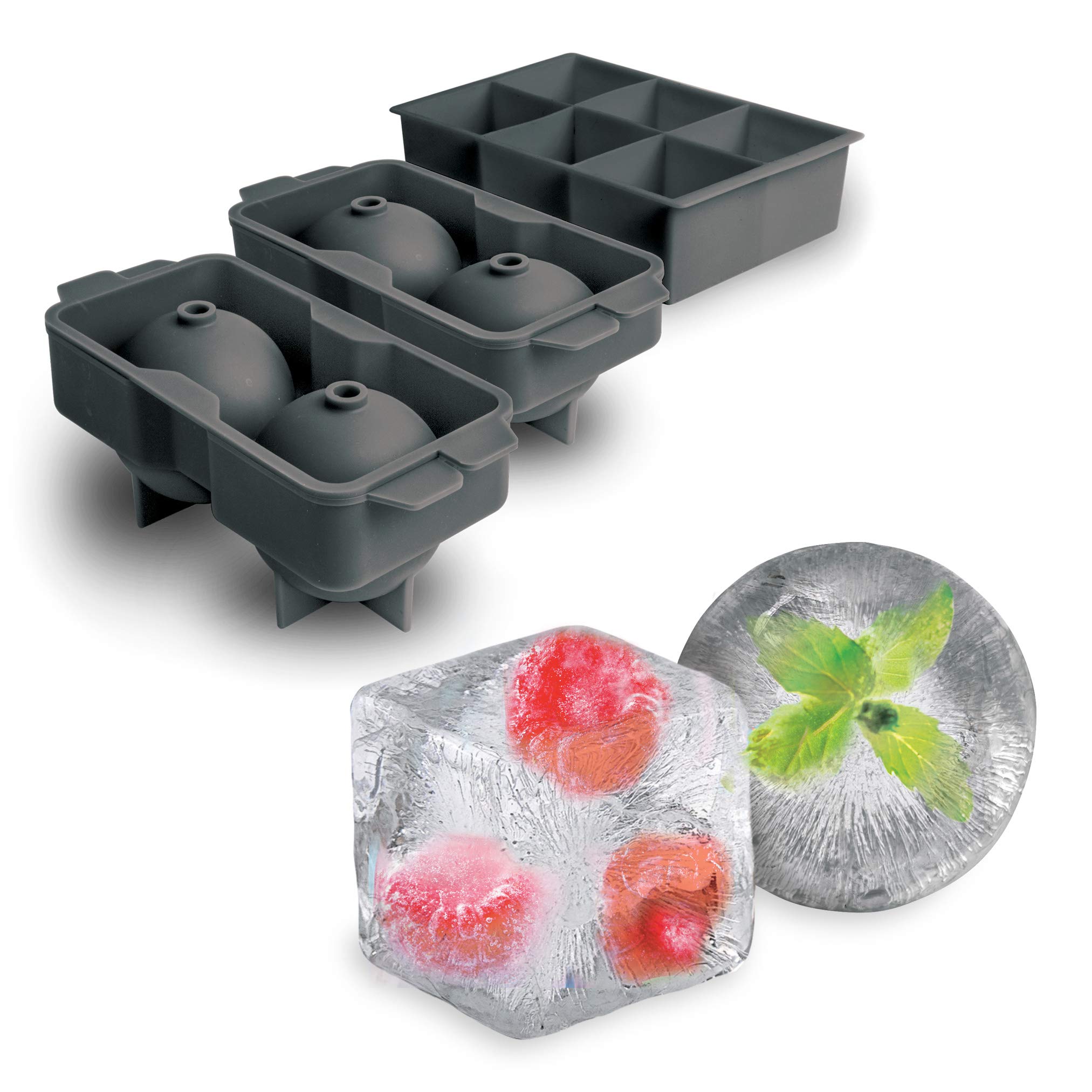 Tovolo 61-13636 Ice Trays Molds Easy Release Silicone 6 Large Cubes & 2 Spheres for Whiskey Cocktails and Beverages, Charcoal Gray