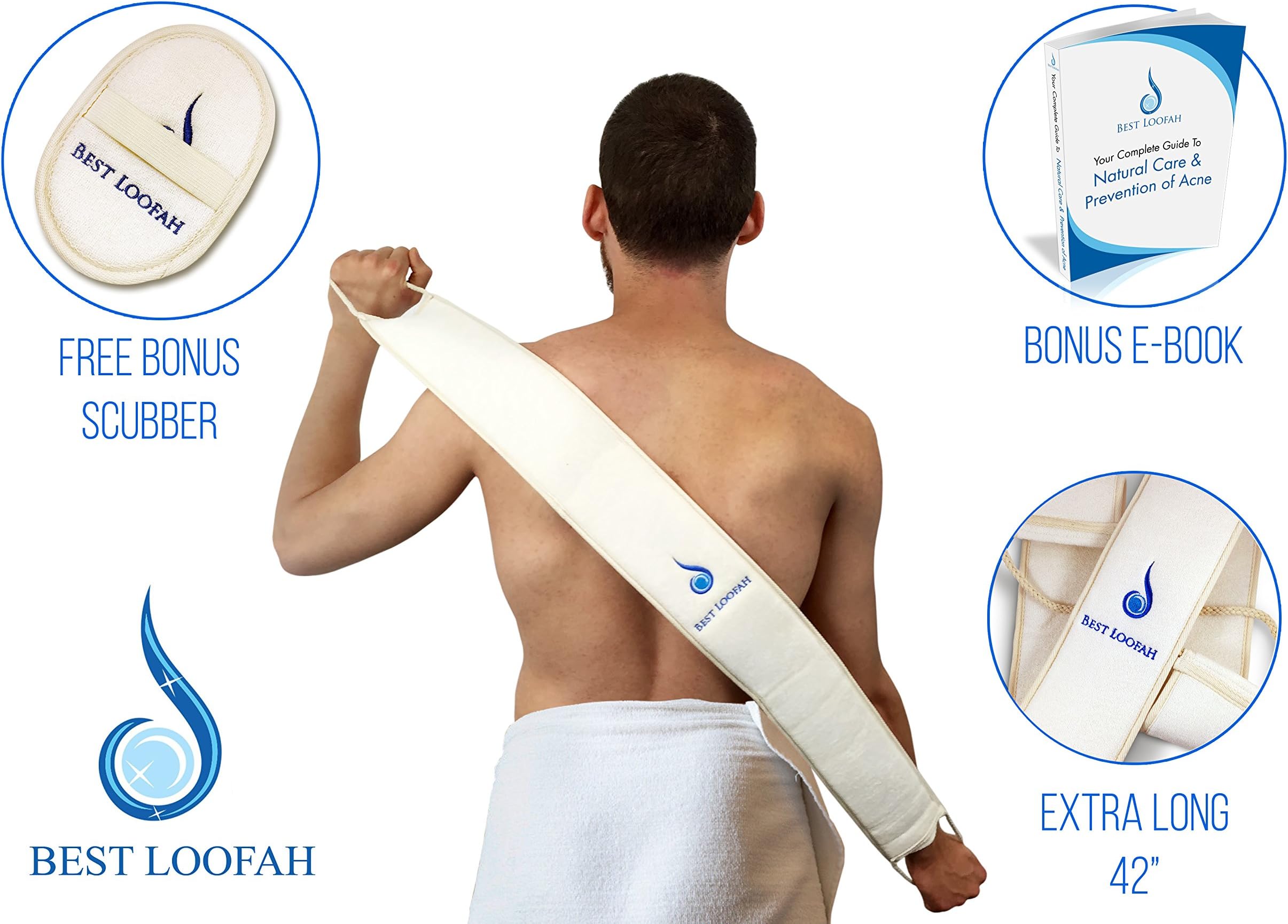 Loofah Back Scrubber Body Scrubber Super Long 42" w/FREE Exfoliating Loofah Pad Reaches Your Entire Back, Exfoliates, Stops Itching, Makes Skin Healthier, Treats Acne, For Men&Women From Best Loofah