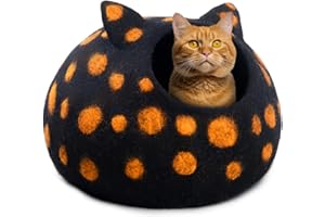 Woolygon Wool Cat Cave Bed - Handcrafted 100% Merino Wool, Eco-Friendly Felt Cat Cave for Indoor Cats and Kittens (Black Polka)