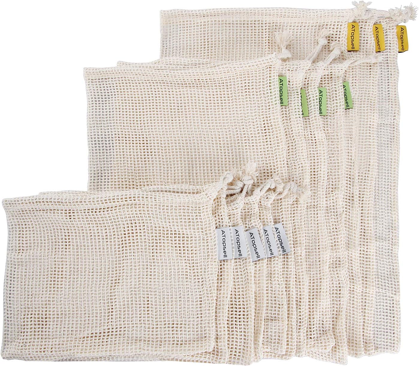Atopsell Reusable Mesh Produce Bags BCI Cotton Premium Lightweight Washable Durable Bags Set of 12 with 3 Different Sizes for Storage Grocery Shopping 5 Small/4 Medium/3 Large